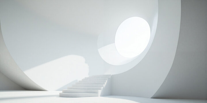 Minimalist White Concrete Interior Circular Window Void A stark white, minimalist interior space featuring smooth concrete surfaces and a large