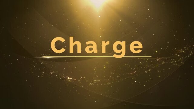 Golden energy particles swirling in dark space with spotlight beams and text elements