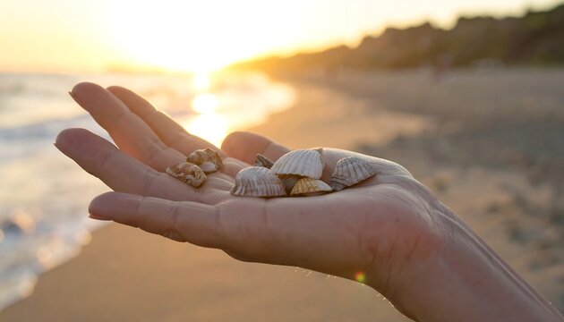 A hand holding seashells on a beach at sunset, with the sun setting over the ocean waves in the background