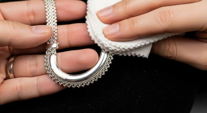 Cleaning Silver Necklace with Soft Cloth for Jewelry Care.