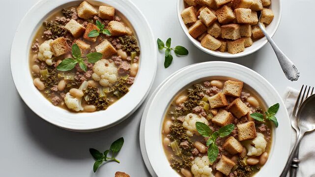 Two bowls of hearty beef and vegetable soup with croutons