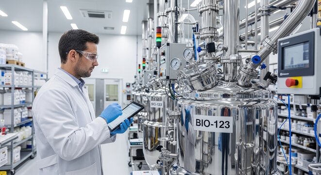 A scientist in a white lab coat and safety glasses examines a large stainless steel bioreactor labeled "BIO-123" in a modern pharmaceutical manufacturing facility.