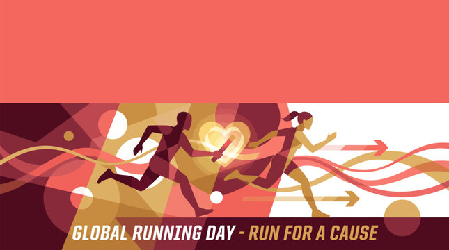 Male Female Runners, Dynamic Run Passing Heart, Global Fitness & Social Cause, Abstract Geometric Warm Hues Vector Illustration.