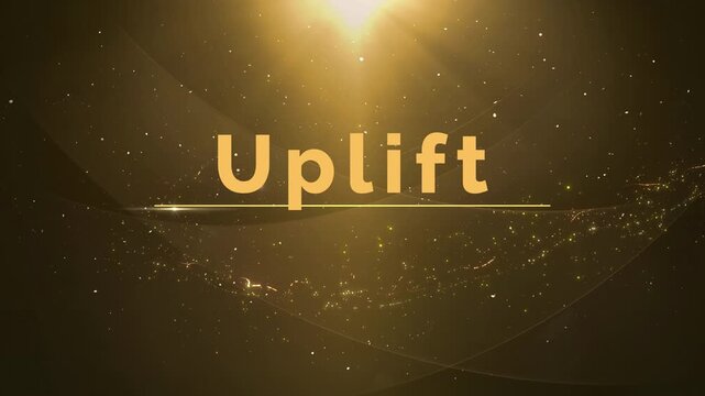 Golden light particles forming uplift text with glowing effect on dark background