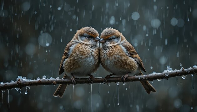 sparrows sitting on a branch in rain