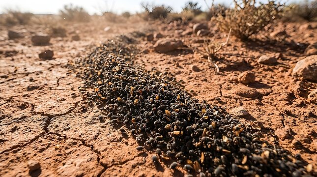 Dense swarm of tiny dark arthropods forming a living ribbon across arid, cracked earth.