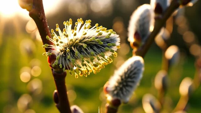 Beautiful macro of pussy willow catkin bloom in spring nature. Gentle warm sunlight on branch creates serene soft focus bokeh