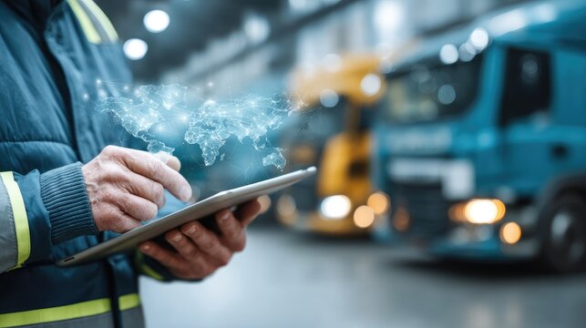 Logistics manager holding a tablet in a warehouse, holographic map showing shipping routes and delivery trucks, supply chain technology concept 