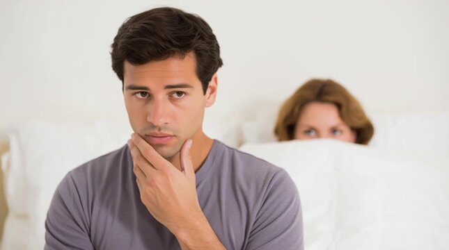 A man in his late thirties is confused, as he has just had a fiasco in bed. A Caucasian man sits in bed thinking, while his wife is heart-broken