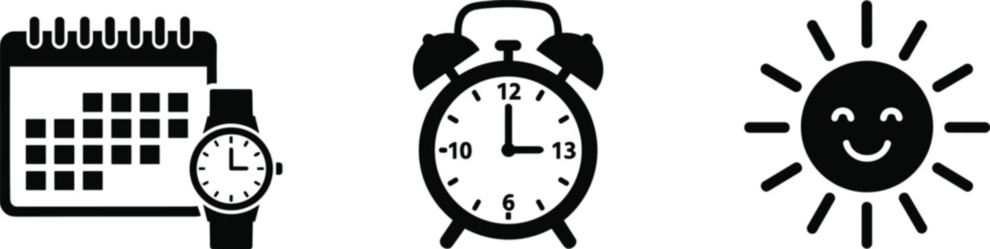 Icons of calendar, watch, alarm clock and smiling sun on transparent background.