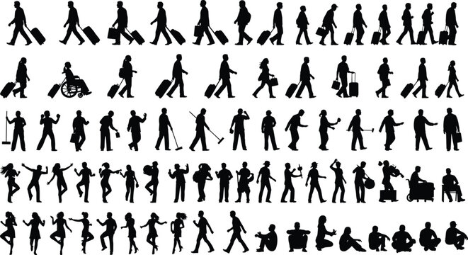 Collection of diverse human silhouettes in various poses and activities on a transparent background.