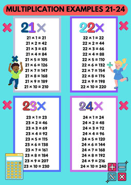 A multiplication table for children with a light blue background, featuring illustrations of children, a calculator, and symbols for addition, subtraction, multiplication, and division (21-24)