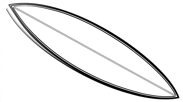 Black and white illustration of a long, narrow surfboard. Angled view, isolated on white
