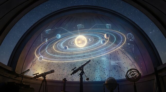 Luminous Digital Blueprint of a Planetary System Projected Inside an Observatory Dome, Showcasing Celestial Orbits and Telescopes