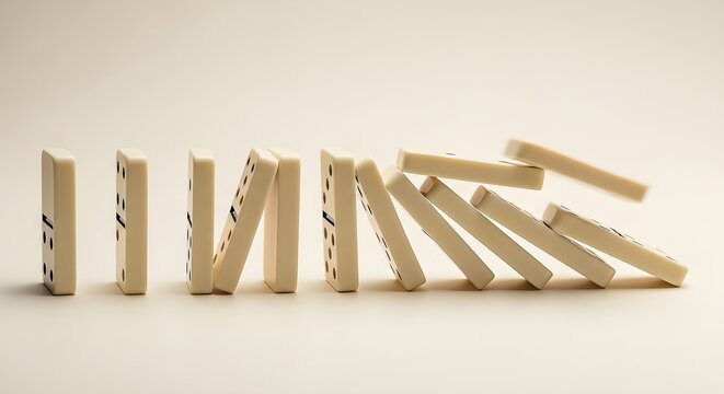 Row of smooth ivory dominoes falling over on a light surface, a captivating visual of chain reaction and momentum
