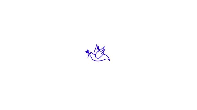 Blue outline drawing of a dove with a leaf in its beak on a white background bird peace