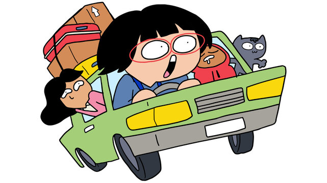 Funny cartoon illustration of a family traveling in an overloaded car, with exaggerated expressions, luggage stacked high, and a playful chaotic road trip vibe.