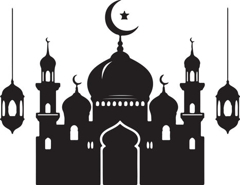 Islamic Mosque Black Silhouette Vector Ramadan Crescent Lantern Design