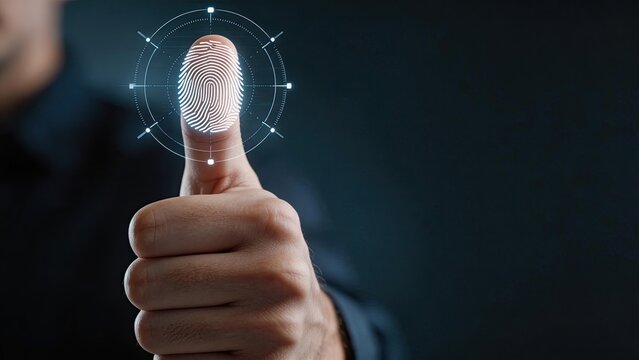 Futuristic digital fingerprint biometric authentication security concept hand pressing virtual interface identity verification cyber protection modern technology touch screen