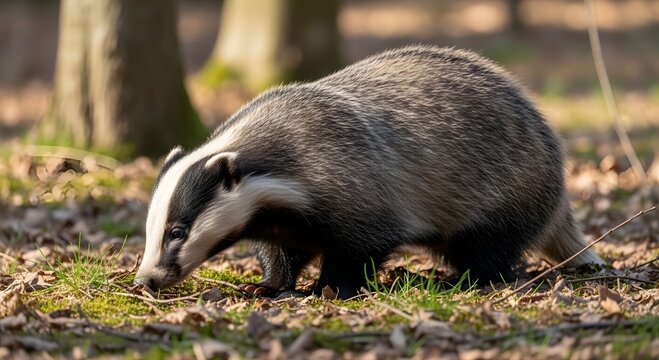 A badger snuffles through the underbrush in a forest clearing surrounded by trees