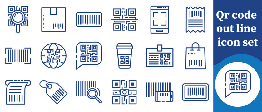 A collection of blue outline icons depicting various types of barcodes qr codes and related scanning technology elements high quality professional detailed modern