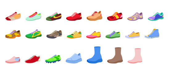 Obraz premium Sneakers shoe color set. Athletic running tennis hiking skate, soccer sneakers plimsoll, canvas, high top stretch trainer collection. Fashion footwear, bright palette, flat vector illustration sport