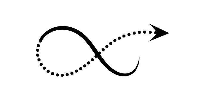 Infinity arrow symbol, dotted line, directional icon, black graphics