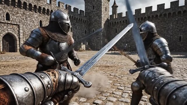Medieval Knights Sparring with Swords in Castle Courtyard - First Person View