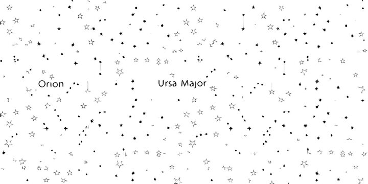 A black and white illustration depicting constellations orion and ursa major
