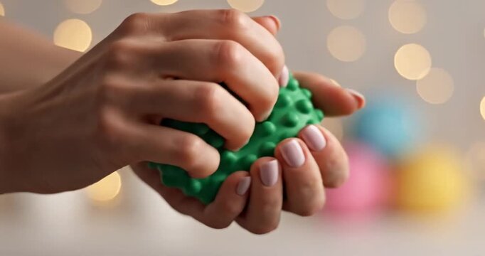Close-up of a person's hands squeezing a textured green stress ball against a blurred background