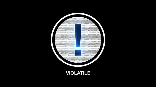 Digital warning symbol alert displaying violatile text on a binary code background, ideal for cybersecurity, IT alerts, data breach notifications, and tech-related marketing materials.