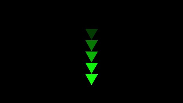 A stack of five descending green triangles on a black background