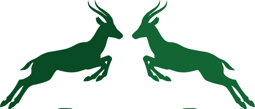 Dynamic green springbok vector illustration, two jumping antelopes in silhouette, wildlife animal emblem, nature-inspired graphic resource for logos and branding