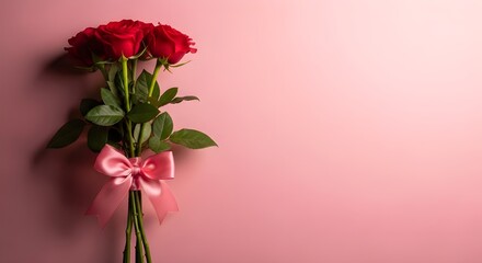 Fototapeta premium Beautiful bouquet of red roses tied with a pink ribbon against a pink wall