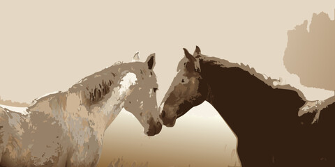 Two horses nuzzle affectionately depicted in a sketched muted color palette © Ranajit