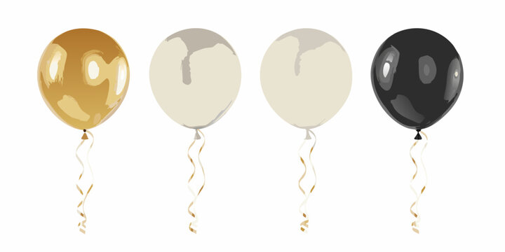 Four balloons in gold silver white and black hues are displayed
