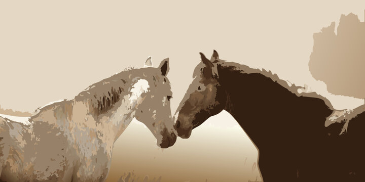 Two horses nuzzle affectionately depicted in a sketched muted color palette