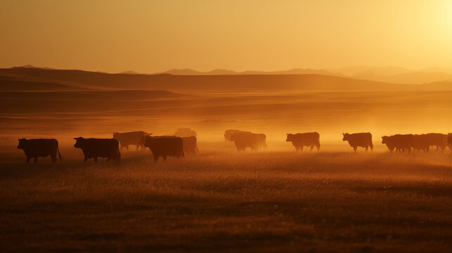 Silhouette cow herd gather across wide pasture sun set beyond horizon.