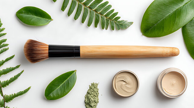 A makeup brush with leaves and natural makeup