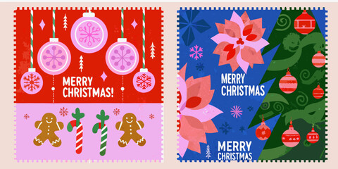 Festive christmas postage stamps with ornaments gingerbread and holiday greetings © Ranajit