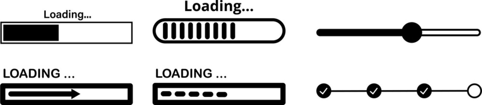 Loading icon png progress indicators with "Loading" and text in. Game loading screens, progress bars and computer UI nostalgic elements Loading bar pixel black style PNg