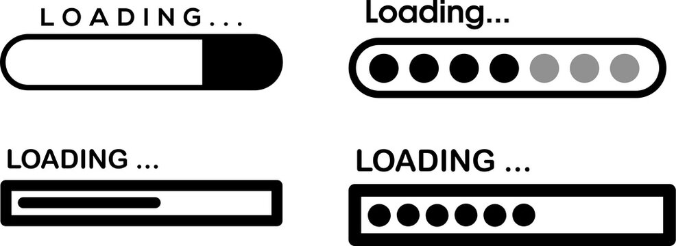 Loading icon png progress indicators with "Loading" and text in. Game loading screens, progress bars and computer UI nostalgic elements Loading bar pixel black style PNg