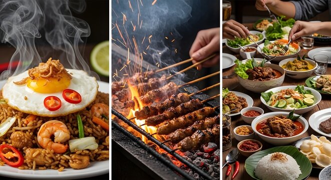 grilled meat and vegetables, sate di bakar, nasi goreng telur 