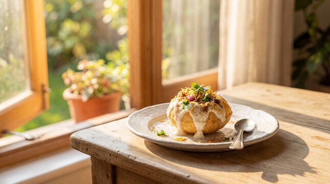 Delicious dahi puri chaat topped with yogurt and chutneys served 