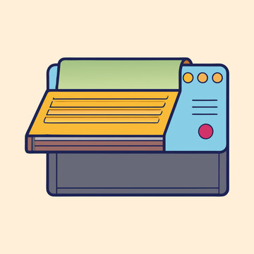 Cartoon illustration of a vintage dot matrix printer with gradient shading