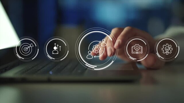 Change management  concept with professional presenting digital team interface, leadership alignment and workforce transition planning organizational transformation process, 