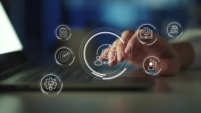 Change management  concept with professional presenting digital team interface, leadership alignment and workforce transition planning organizational transformation process, 