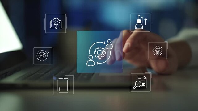 Change management  concept with professional presenting digital team interface, leadership alignment and workforce transition planning organizational transformation process, 