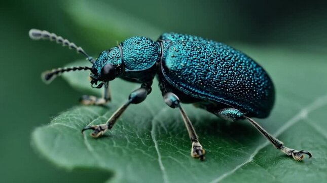 Macro Blue Beetle Crawling on Green Leaf Closeup