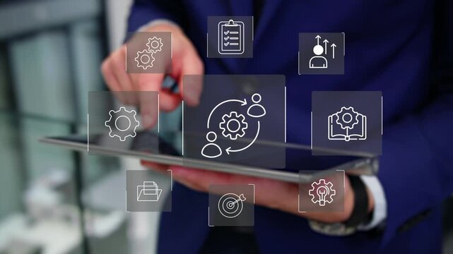 Change management  concept with professional presenting digital team interface, leadership alignment and workforce transition planning organizational transformation process, 